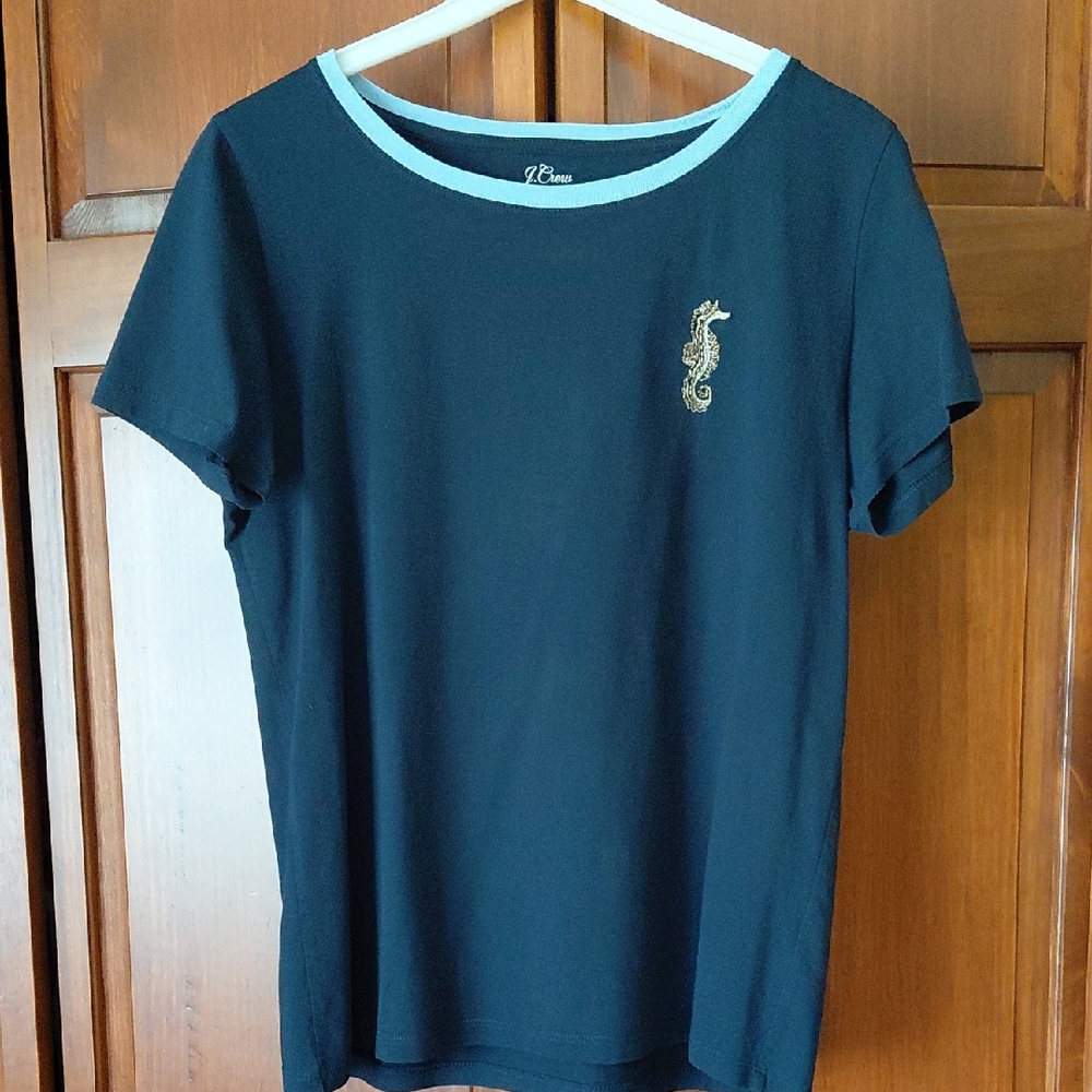 J. Crew Black Tee with Light Blue Trim and Gold Seahorse Accent